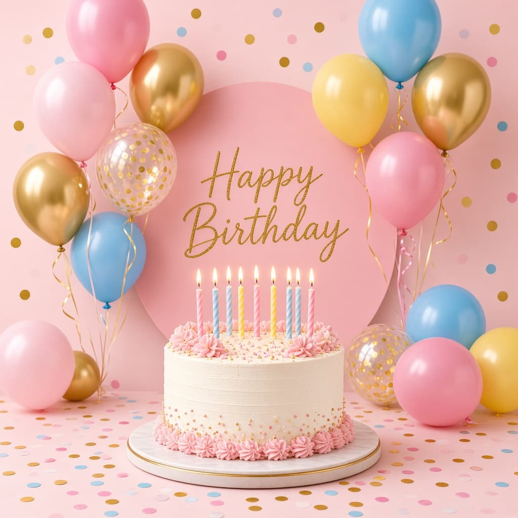 Birthday cake and colorful balloons
