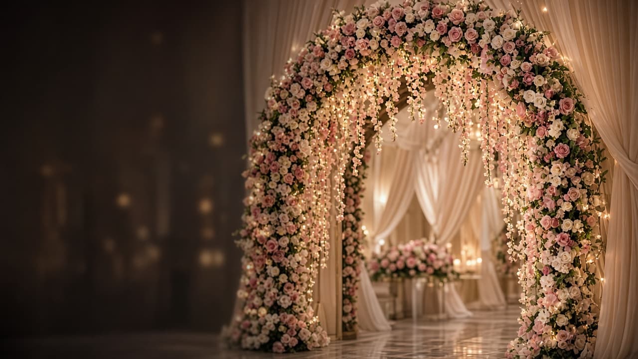 Floral wedding entrance with fairy lights